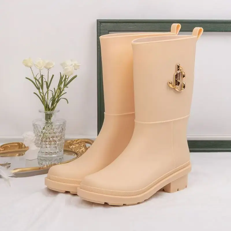 

Женские сезонные резиновые сапоги на низком каблуке с высоким берцем и круглым носком, нескользящие водонепроницаемые модные уличные рабочие ботинки, автомойка обуви