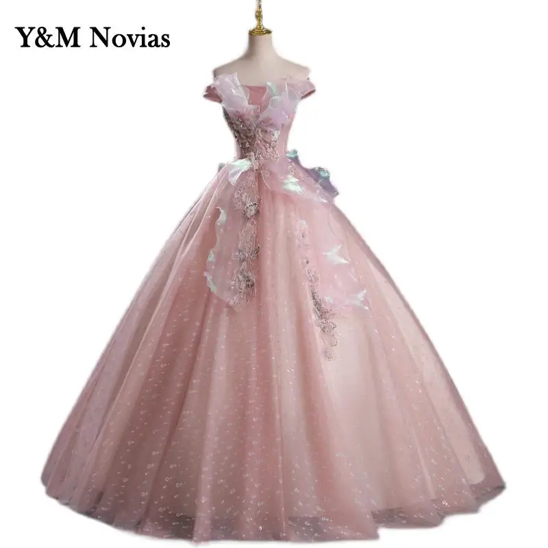 Y&m Novias Floral Print Shining Strapless Pink Quinceanera Dresses Ball Gown Flower Women Vestidos Debutantes 15 Anos plus Size