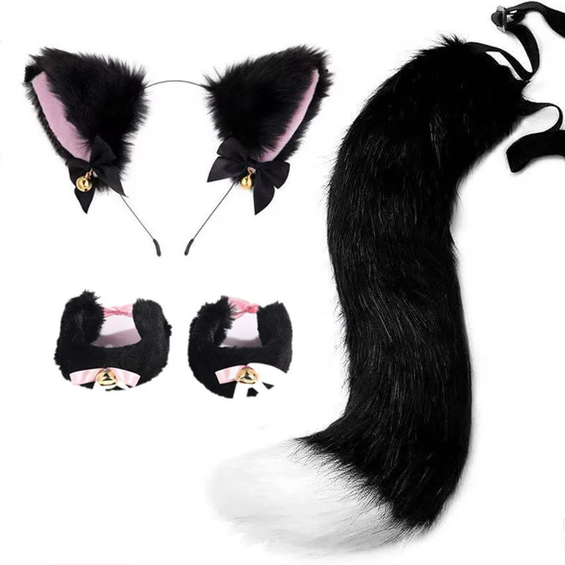 Handgefertigte Katzenohren-Glocken-Stirnband- und Schwanz-Accessoire-Sets, schwarz, pelzig, für Halloween, Cosplay, Party, Tanz, Performance, Bekleidung, Kostüm-Requisiten – Detail 8