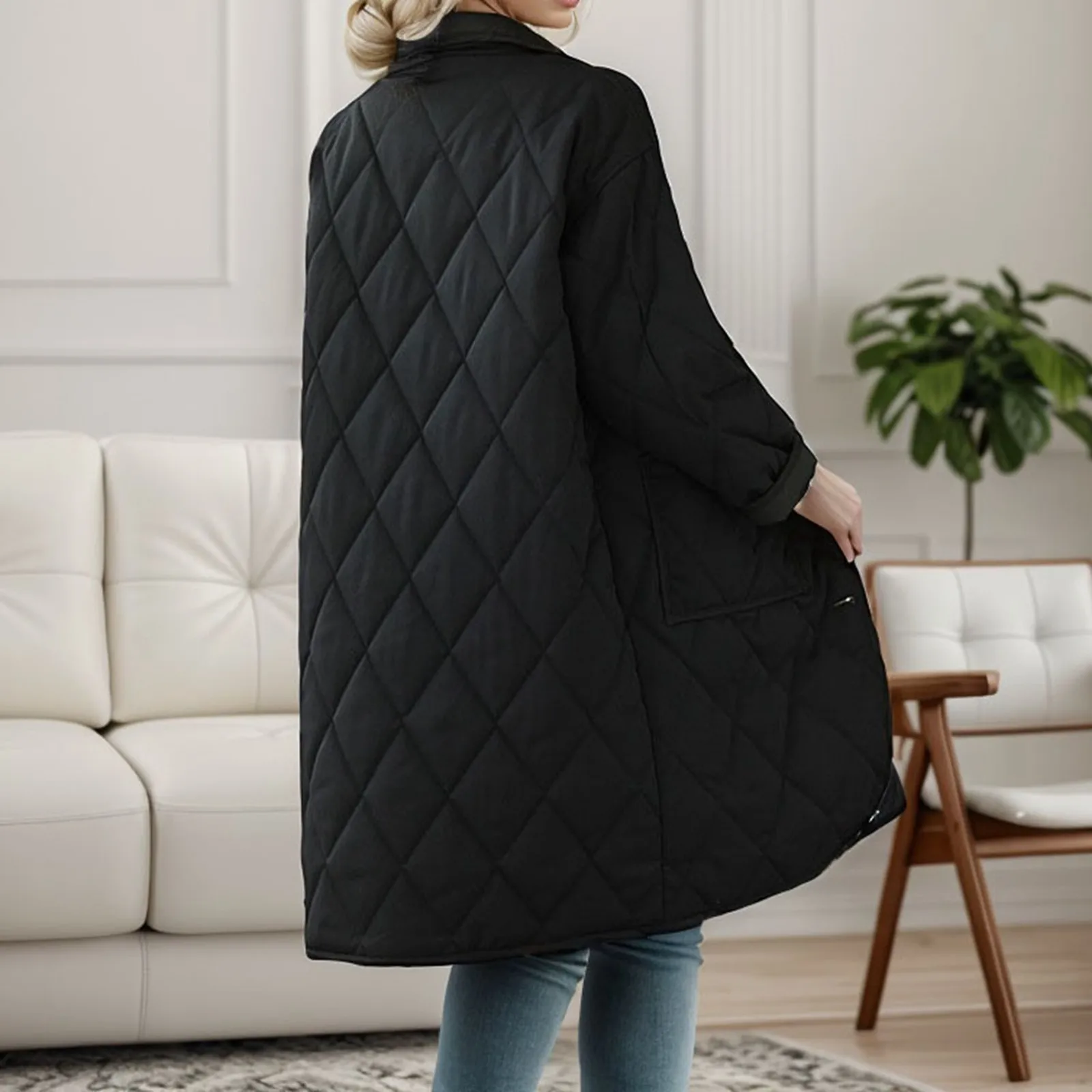 Women's Solid Color Mid Length Vintage Quilted Jacket Loose Warm Fleece Jacket for Women Fashion Coats for Women Down Coat