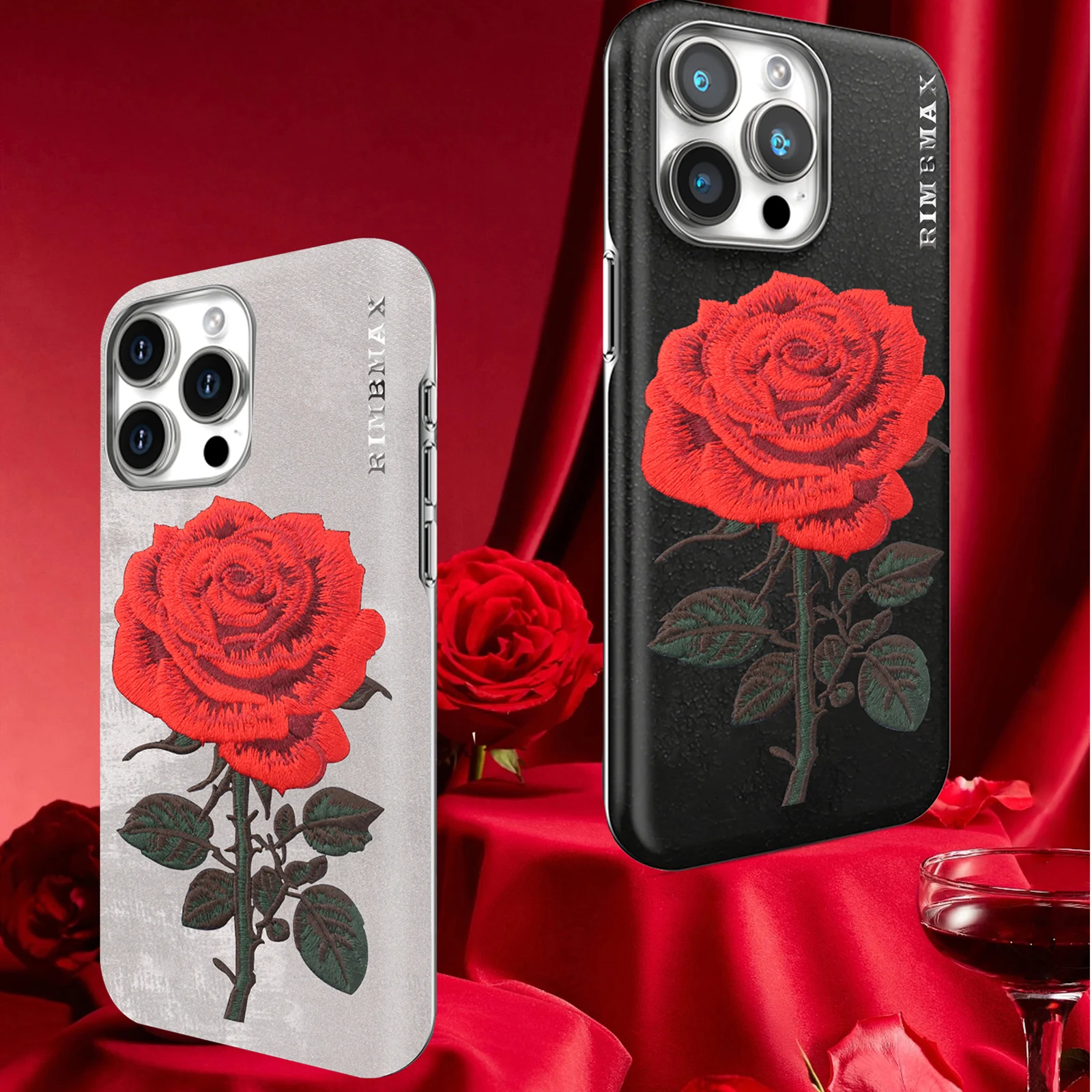 

Luxury Embroidery Pattern Red Rose Case For iPhone 16 15 14 Plus 13 12 Pro Max Skin Feel Feel Cover Chinese Style For Women Girl