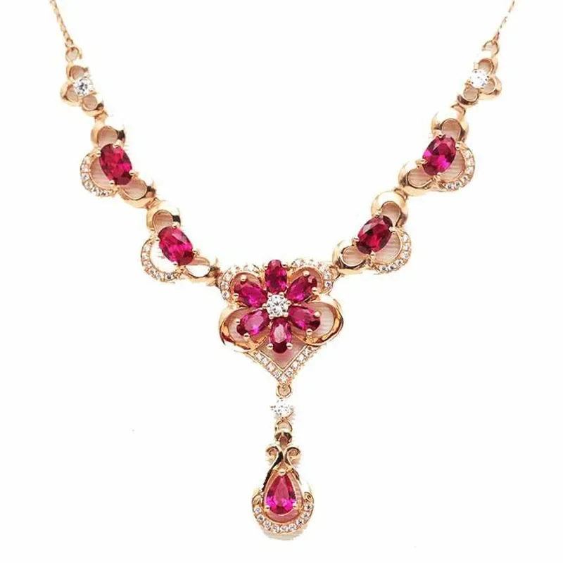 Inlaid Ruby Elegant Flower Necklace 14K Rose Gold Crystal Luxury Pendant Romantic Luxury Dinner wedding Jewelry