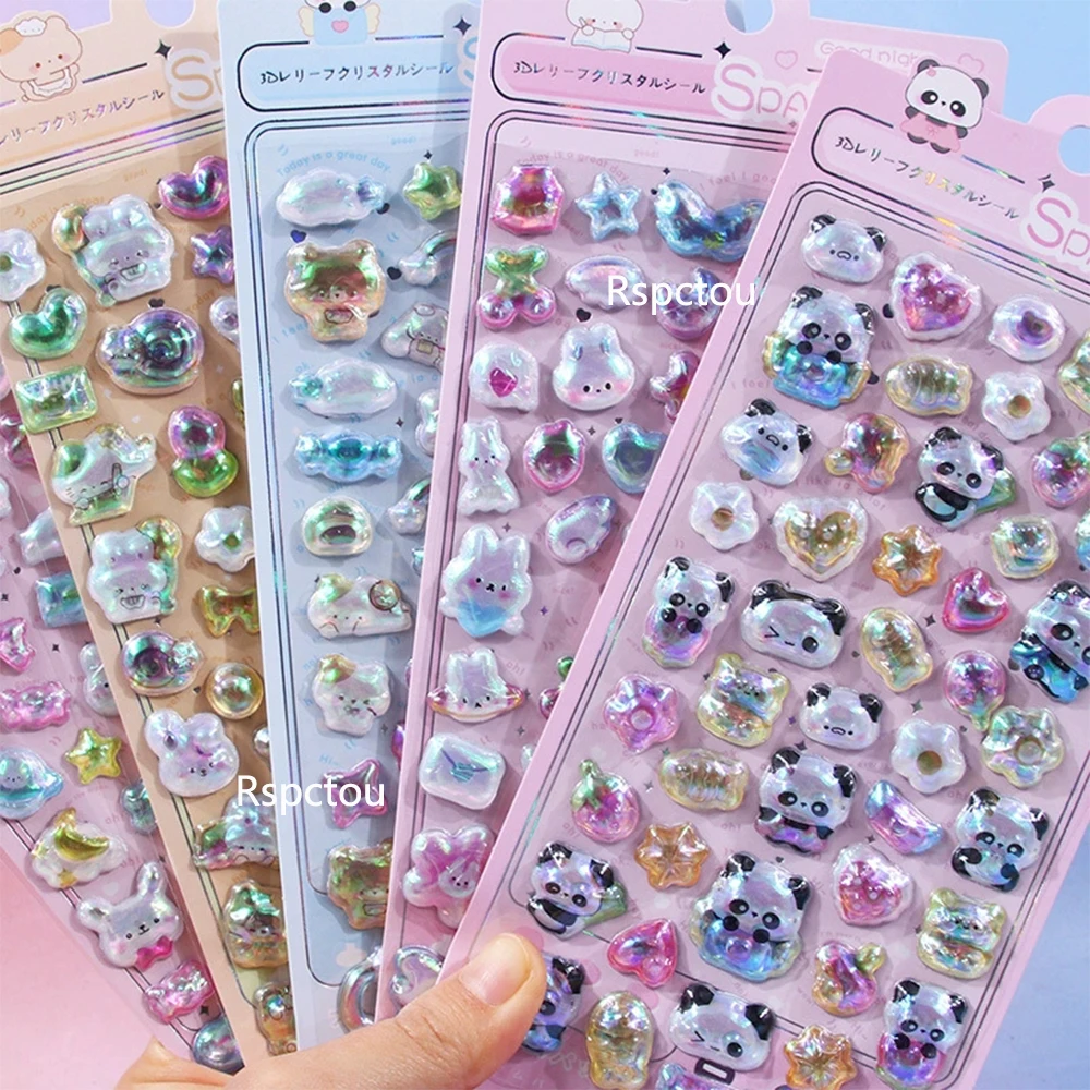 10pcs Cute Rabbit Panda Animal 3D Crystal Relief Stickers Kawaii Cartoon Sparkling Sticker Fridge Phone Notebook Reward Decals