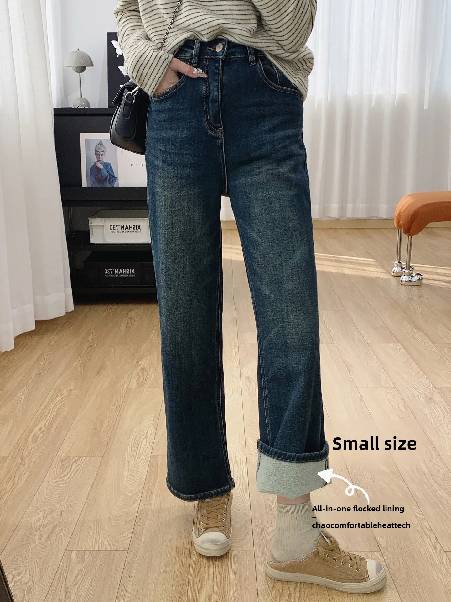 

Облегающие широкие джинсы с высокой талией, женские осенне-зимние новые свободные прямые хлопковые джинсовые брюки, теплые гибкие повседневные брюки