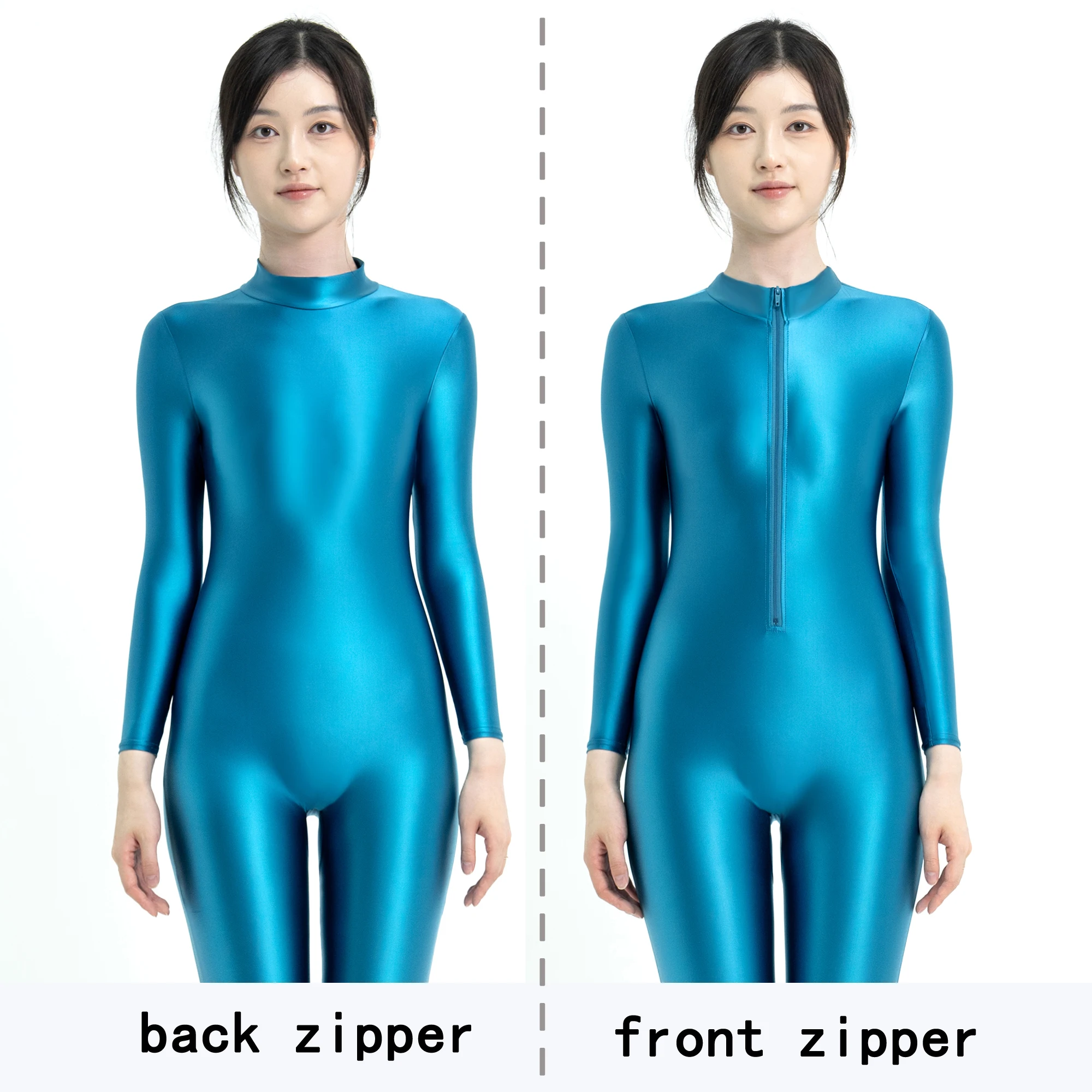 XCKNY Satin Glossy One Piece bodysuit Sexy Oil High Neck  zipper Long Sleeve Full body Tight Pants Silk leotard