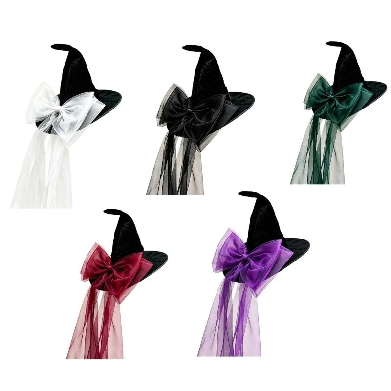 Cosplay Witch Hat Costume Accessory with Long Mesh Tails, Black Pointed Halloween Party Hat with Sheer Ribbon Use