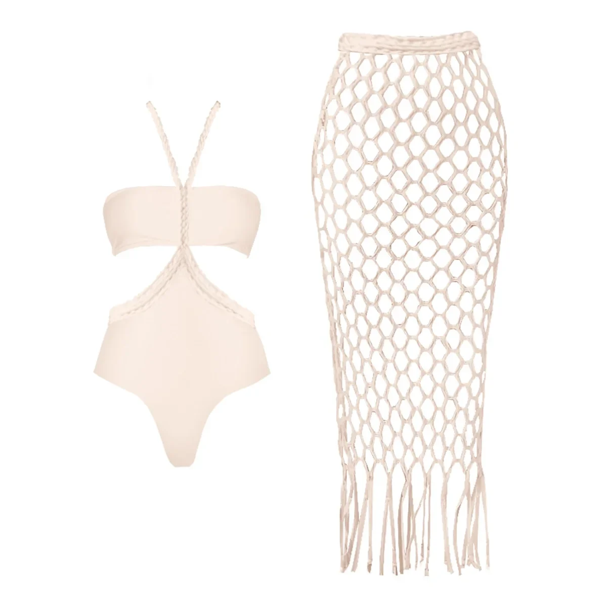 

2Pieces Crochet Swimsuit With Mesh Skirt Women Sexy Swimwear Female Bikini Cut Out Biquini Swim Suit Hollow Bodysuit Beachwear