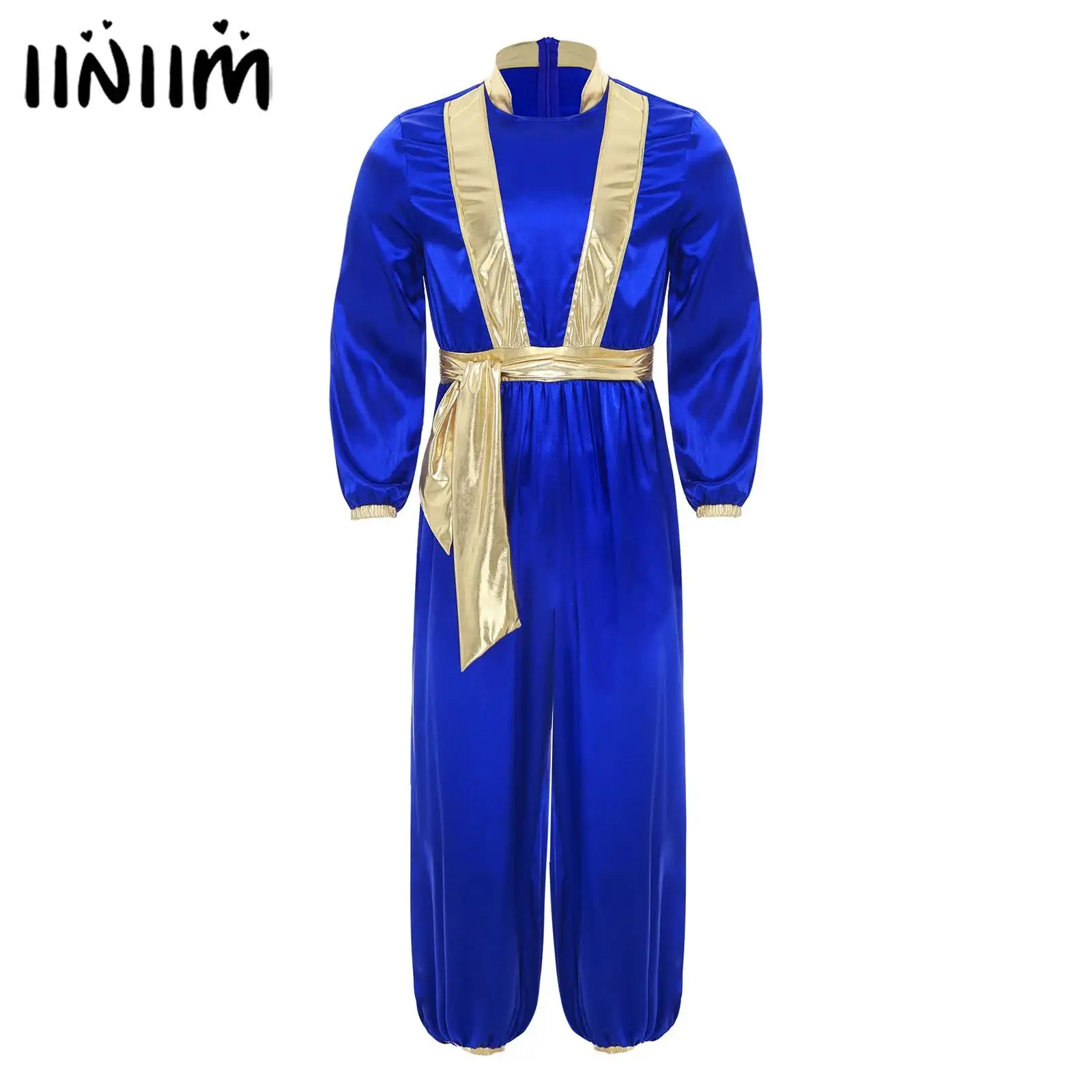 

Mens Arabian Prince Fairy Tale Cosplay Halloween Costume Long Sleeves Back Zipper Gold Shiny Metallic Arabian Costume Clubwear