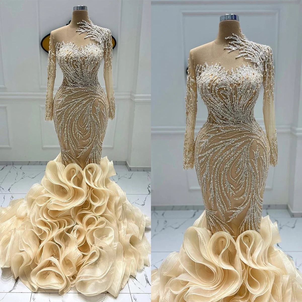 

Exquisite Arabic Aso Ebi Mermaid White Wedding Dresses Champagne Lace Luxurious Tiered Ruffles Train Bridal Gowns Dress