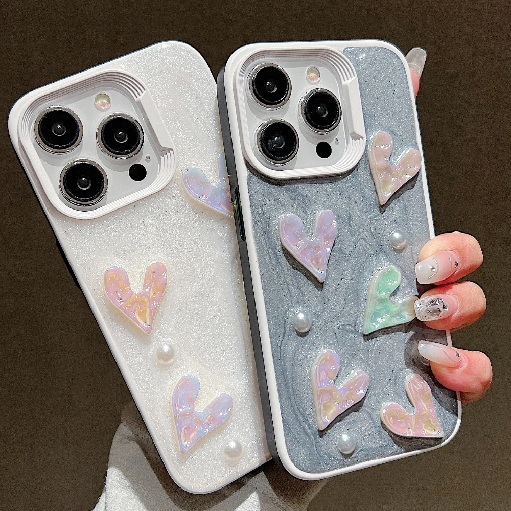 Luxury Bling Glitter 3D Love Heart Phone Case for Iphone 14 13 12 11 15 Luminous TPU Drop Glue Lens Protection Bumper Back Cover