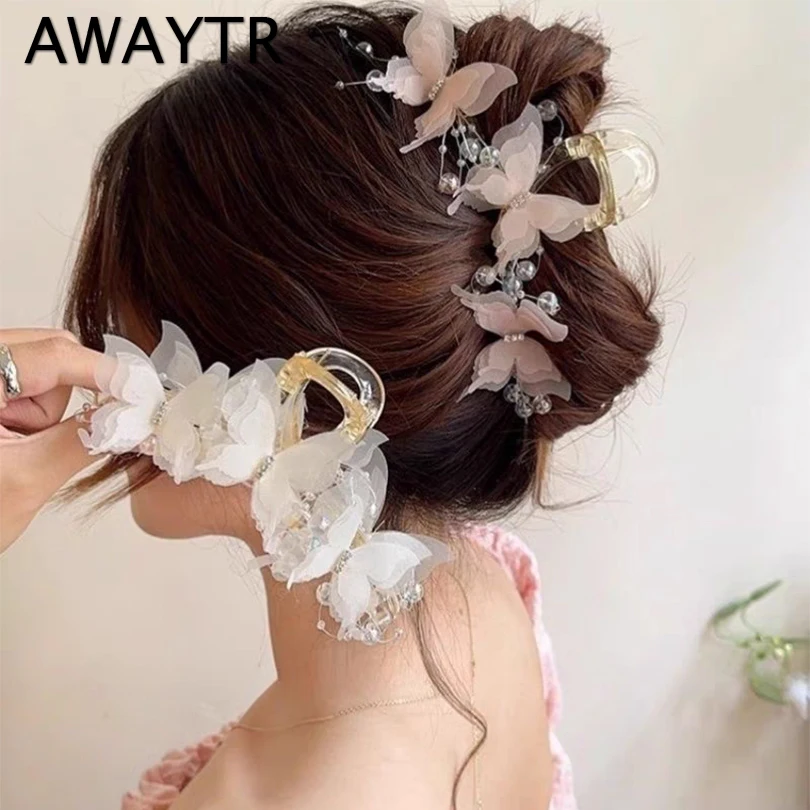 AWAYTR New Fashion Simulation Butterfly Hair Clips Women Elegant Pearl Bow Ponytail Clip Sweet Crab Claw Headdress