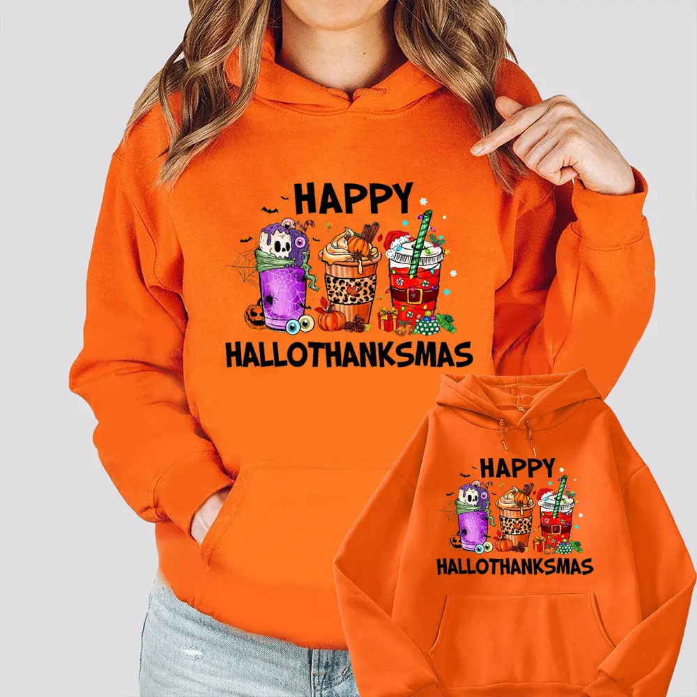 

Happy Hallothanksmas Hoodie Halloween Sweatshirt Thanksgiving Hoody Christmas Pullovers Gift for Halloween Thanksgiving Hooded