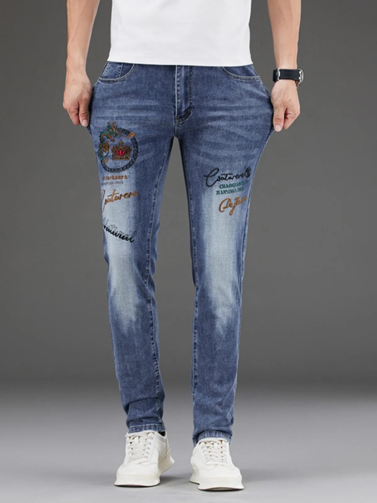 

High-End Dragon Pattern Embroidered Slim Fit Men's Jeans Cotton Stretch Denim Casual Wear Resistant Small Straight Leg Trousers