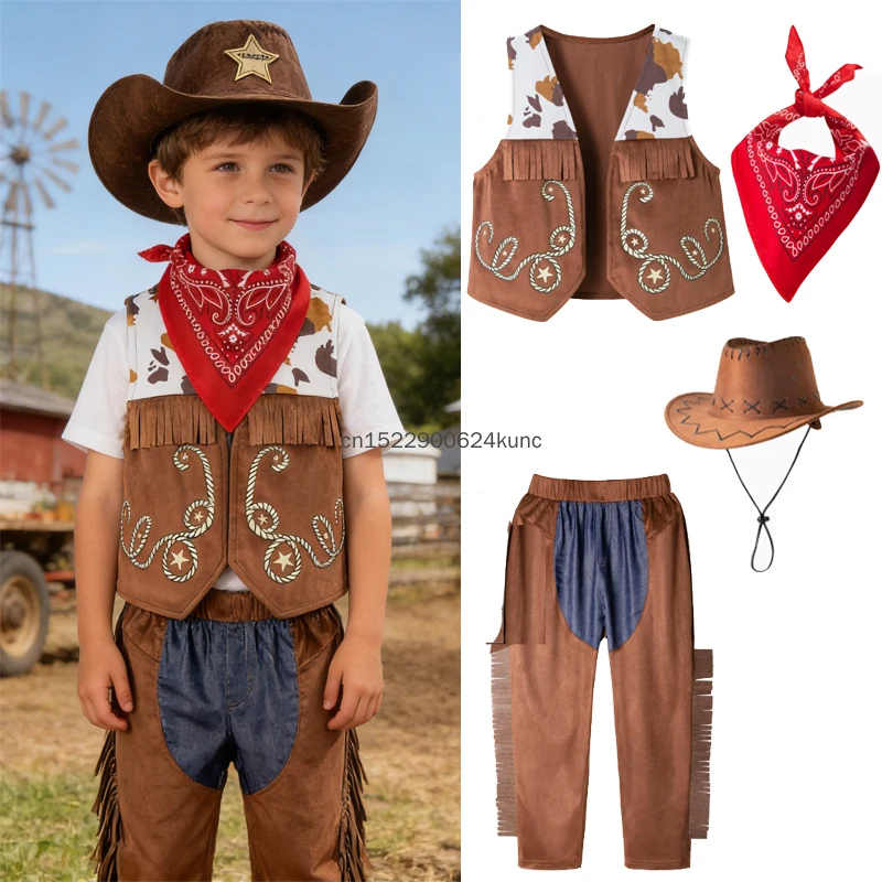 Nuevo Disfraz de Vaquero para Niños, Traje de Sheriff del Oeste con Chaleco y Bufanda, Conjunto para Niños, Disfraz para Halloween, Purim, Fiestas Temáticas