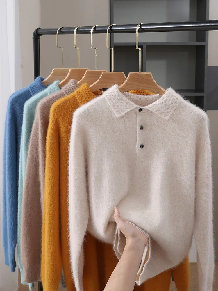 Winter Mens Long Sleeve Button Knit Pullover Sweater Mink cashmere Casual Polo collar Pullover Autumn Classic Warm HeavyWeight