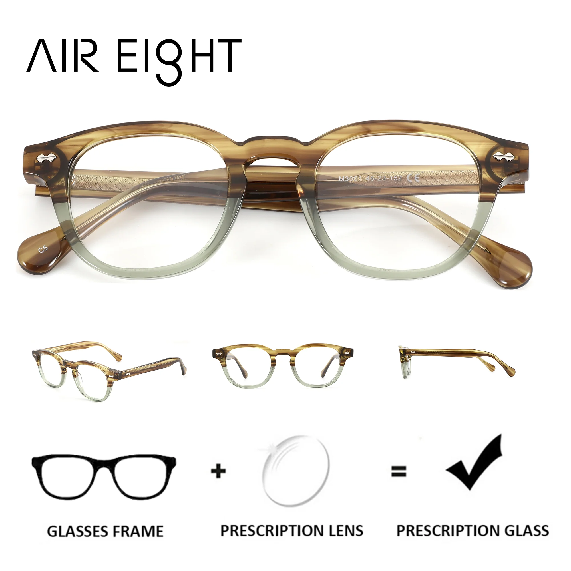 AIREIGHT (M Size)Acetate Square Photochromic Prescription Glasses Men Women Blue Light Progressive Graduated Lenses