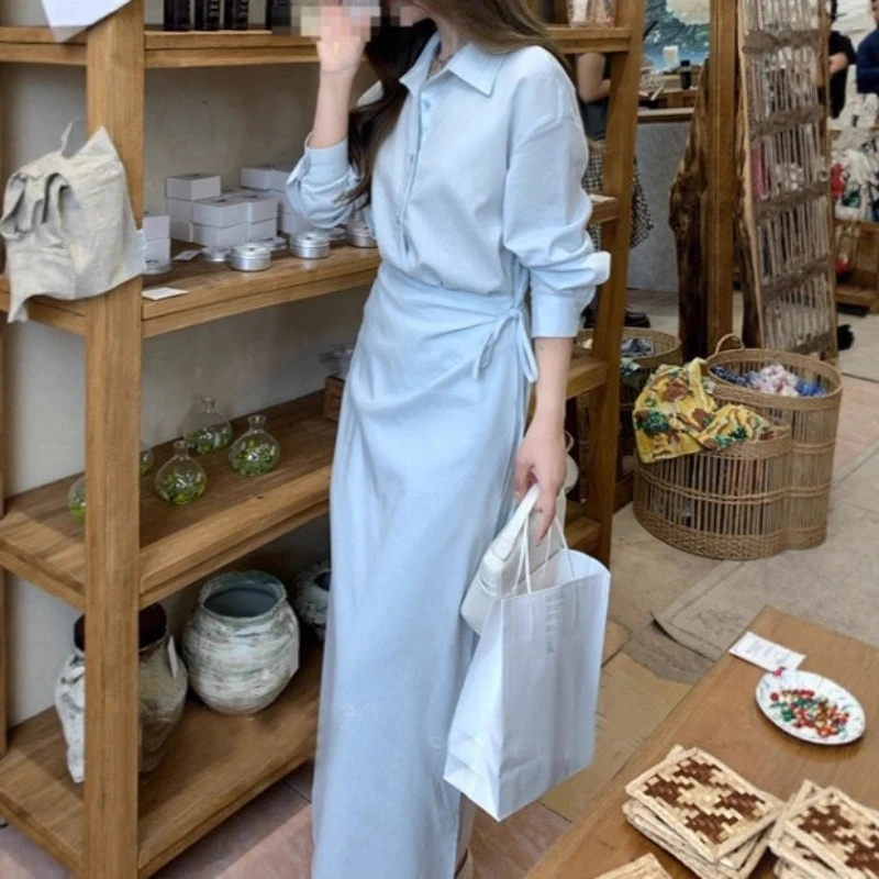 Vestido de roupa de alta qualidade para mulheres 2025 início do outono design falso camisa de duas peças vestido saia longa para mulheres