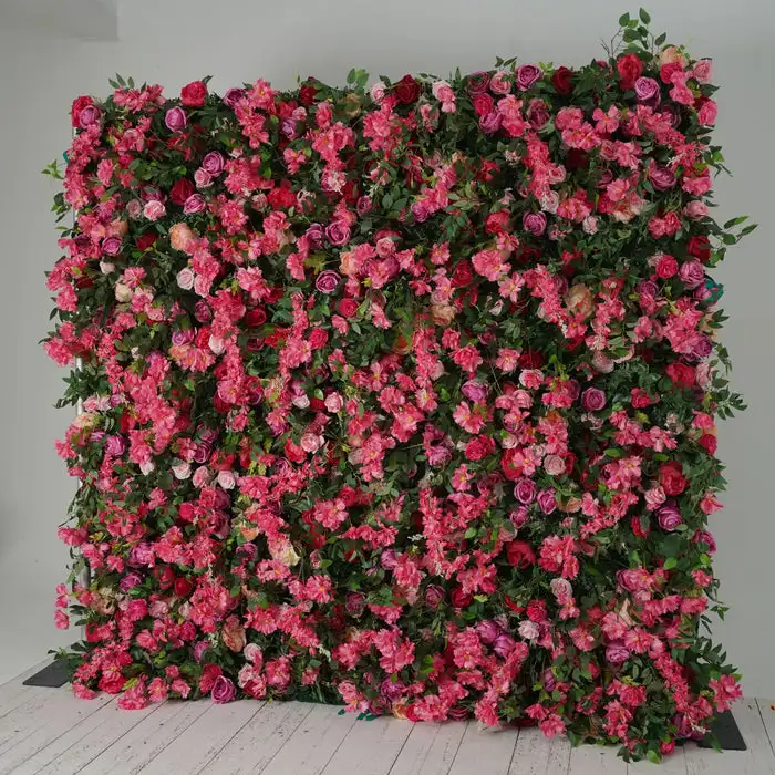 3D Wedding series Rose Red rose Green leaf roll cloth artificial plant flower wall Outdoor wedding background decorative wall