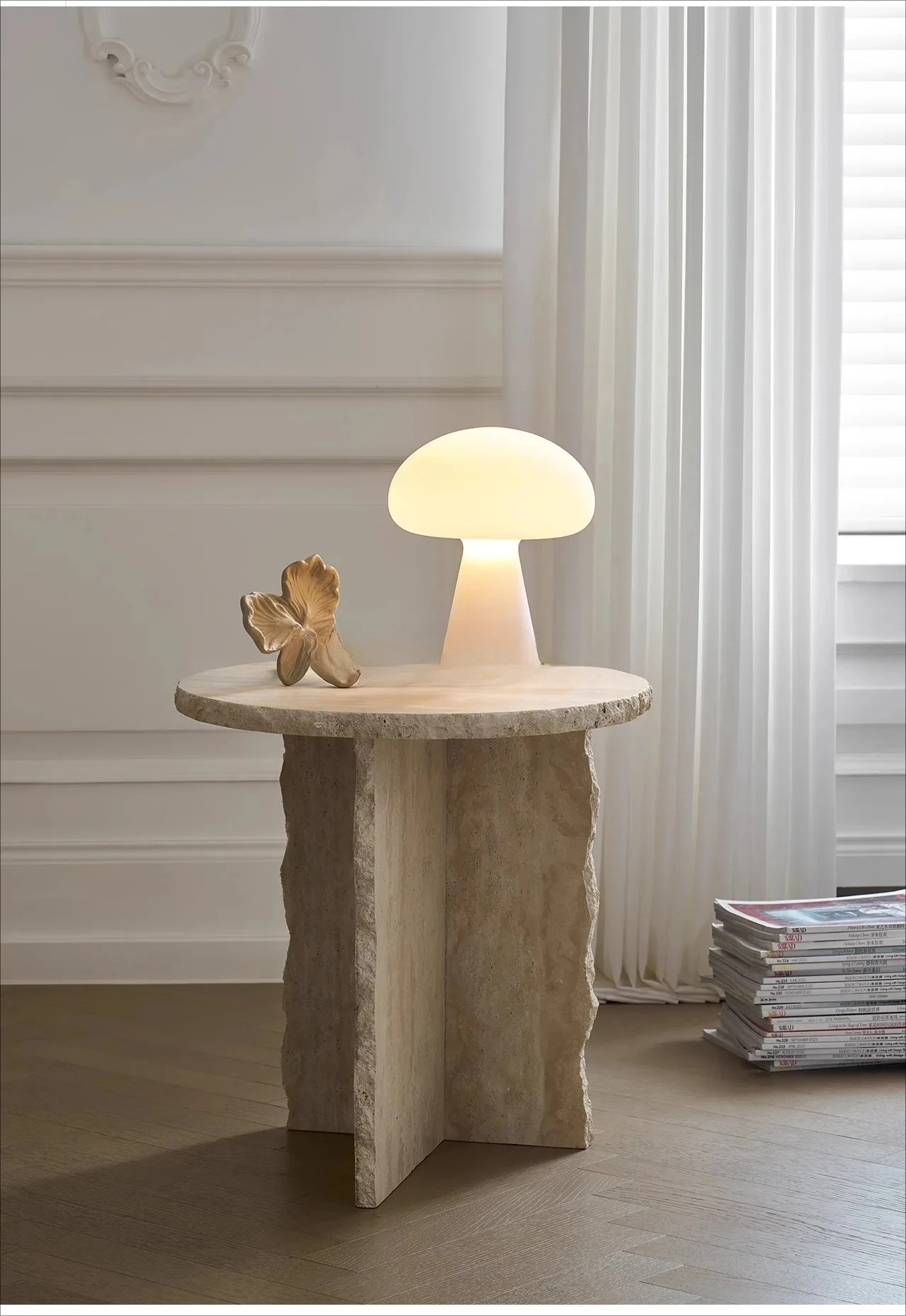 Natural travertine coffee table household small apartment villa high-end round marble edge table