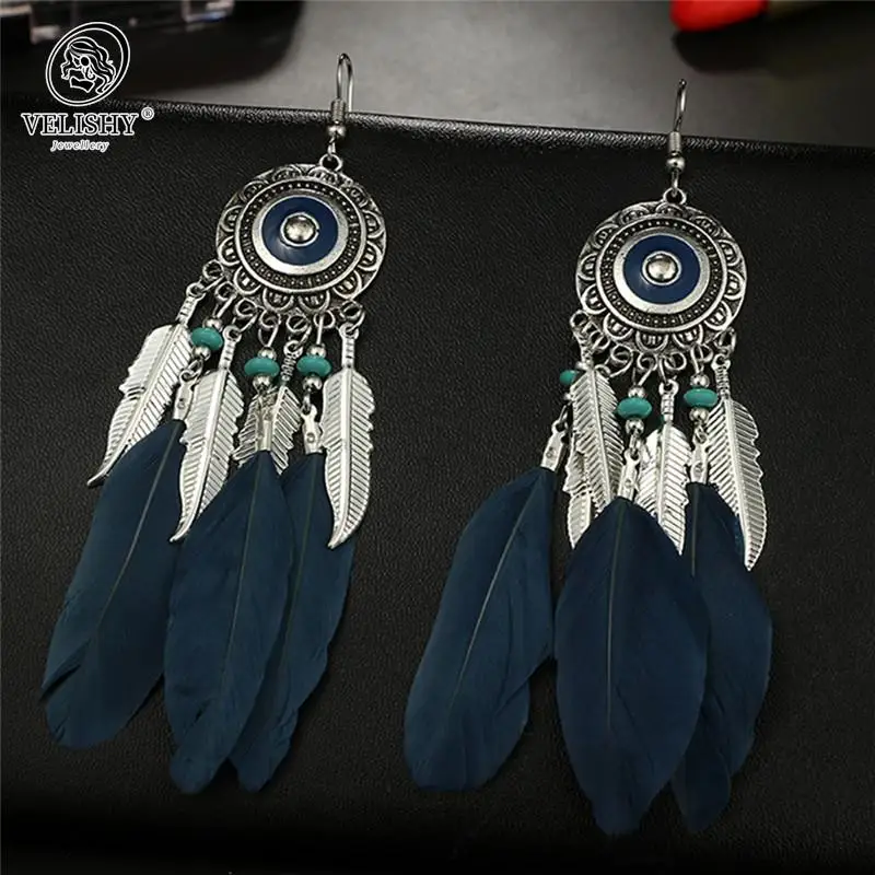 Bohemian Retro Long Feather Dangle Earrings For Women Beach Alloy Tassel Drop Earrings Wedding Bride Indian Jewelry Pendientes