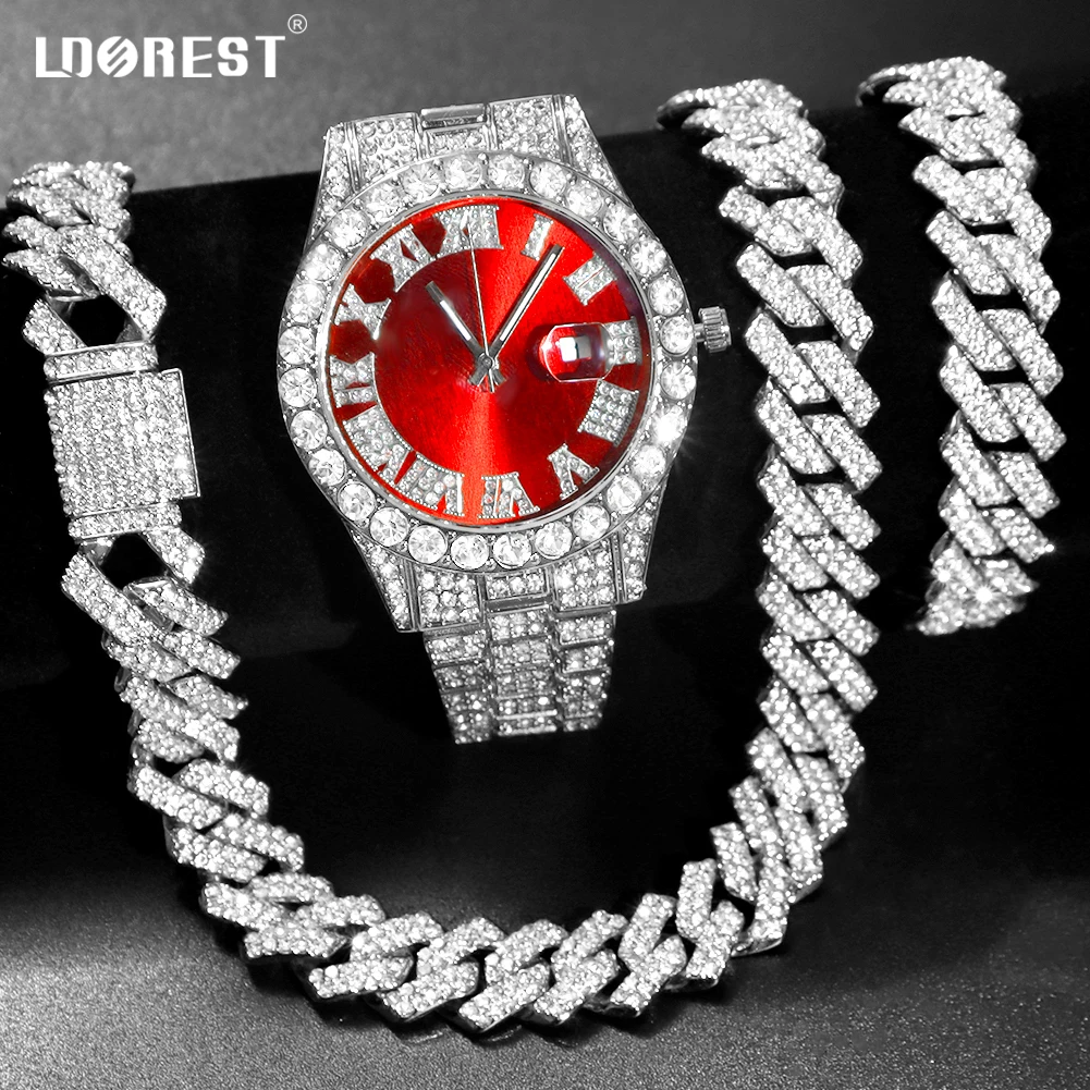 Collana + orologio + bracciale Iced Out Watch For Men Hip Hop 14MM Prong Cuban Chain Rapper collane cubane Set regalo di gioielli per feste Punk