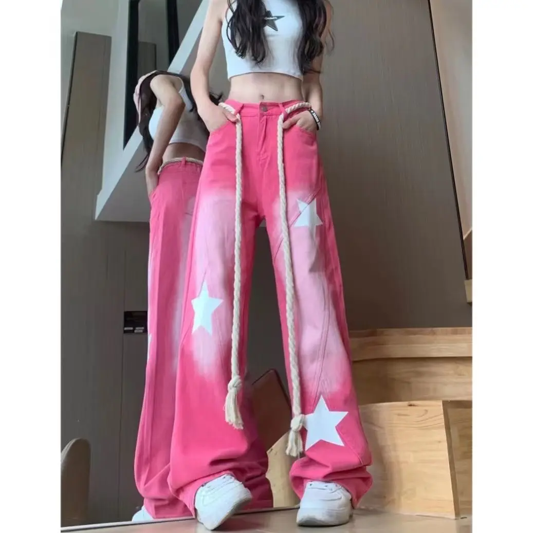 Pantalones vaqueros ajustados con diseño de estrella pequeña, Jeans rosas sueltos de cintura alta, pantalones vaqueros rectos de moda, pantalones Harajuku Retro de talla grande