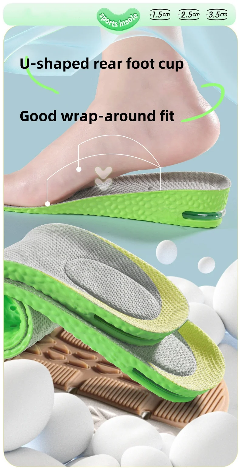 1Pair Air Cushion Height Increase Insoles Breathable Sweat and Anti-Odour Insole Shock Absorbing Insole for Sports Shoes