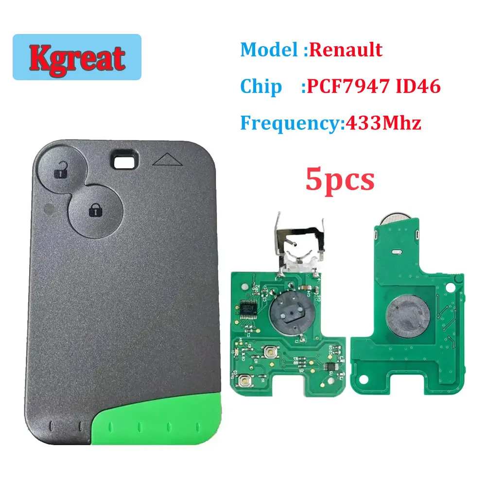 リモコン付きスマートカーキーカード,2ボタン,433MHz,id46チップ,ルノーラグナ用,5個,pcf7947