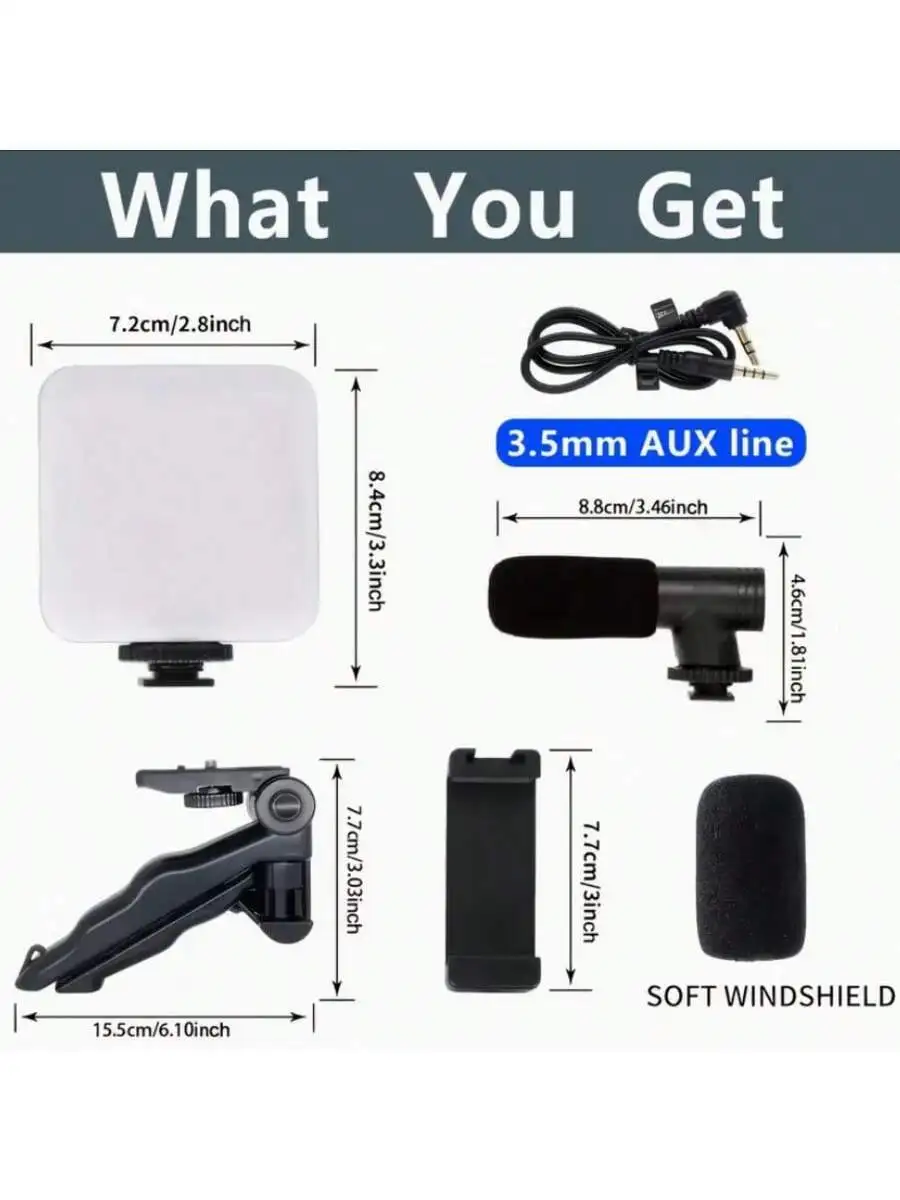 

5-In-1 Phone Accessory Kit With LED Light, Microphone, Windshield, Grip And Clamp For Vlogging Selfie