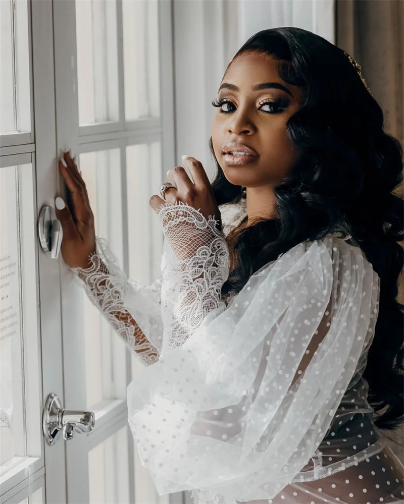 White Sleepwear Wedding Robes Dresses for Photo Shoot Lace Appliqued Full Sleeves Bridal Nightgown Robe Custom Made Prom Gown
