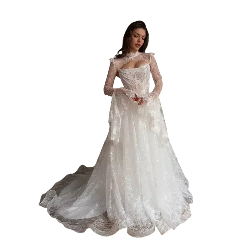 Retro Bridal Jacket Slim Long Bell Sleeve Ornate Chantilly Lace Scalloped Edge Sequin Embellishment Wedding Reception Evening