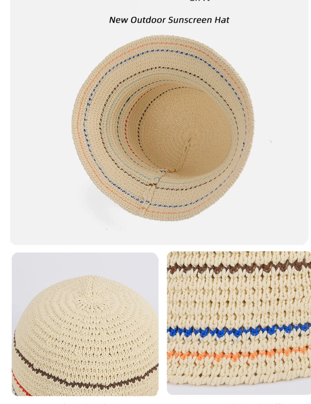 HT5080 Neuer Frühling-Sommer Sonnenhut für Damen, Atmungsaktiver Gehäkelter Strohhut, Breitkrempiger Strandhut, Faltbarer Strick-Bucket-Hat – Detail 3