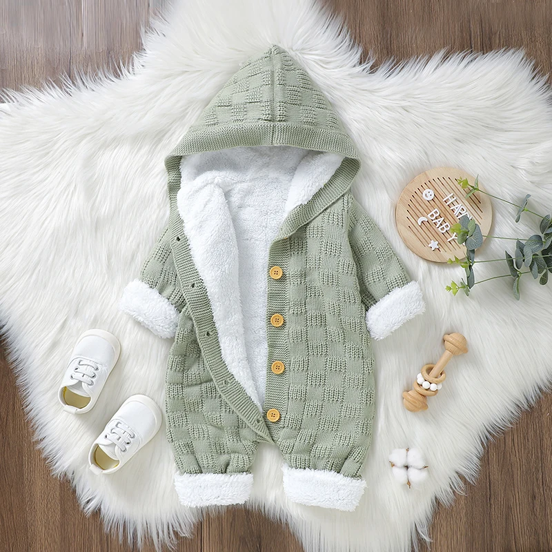 

Winter Baby Rompers Knit Newborn Boy Girl Jumpsuit Long Sleeve Autumn Infant Children Clothes Fleece-lined 0-18M Hooded Overalls