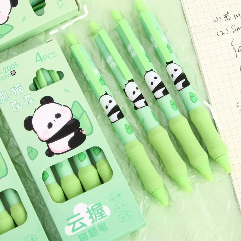 Cute Panda Retractable Pen Set 4Pcs/Box 0.5mm Black Ink Kawaii Cartoon Animal Smooth Writing Student School Office Stationery