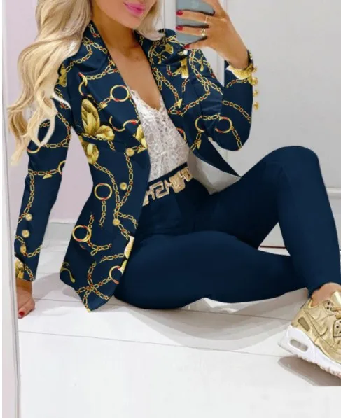 Casual Streep Print Pak Jas Broek Set Kantoor Dame Mode Elegante Lange Mouw Top Broek Tweedelige Set Vrouwen Outfit 2023