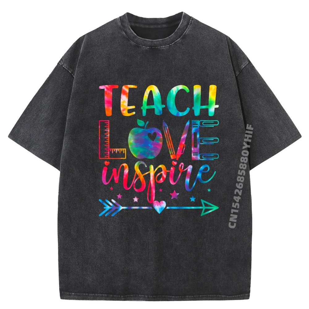 

Tie Dye Teach Love Inspire First Day Back To School Teachers Mens Designer T Shirt Mens Leisure Washed Short Sleeve T-Shirt