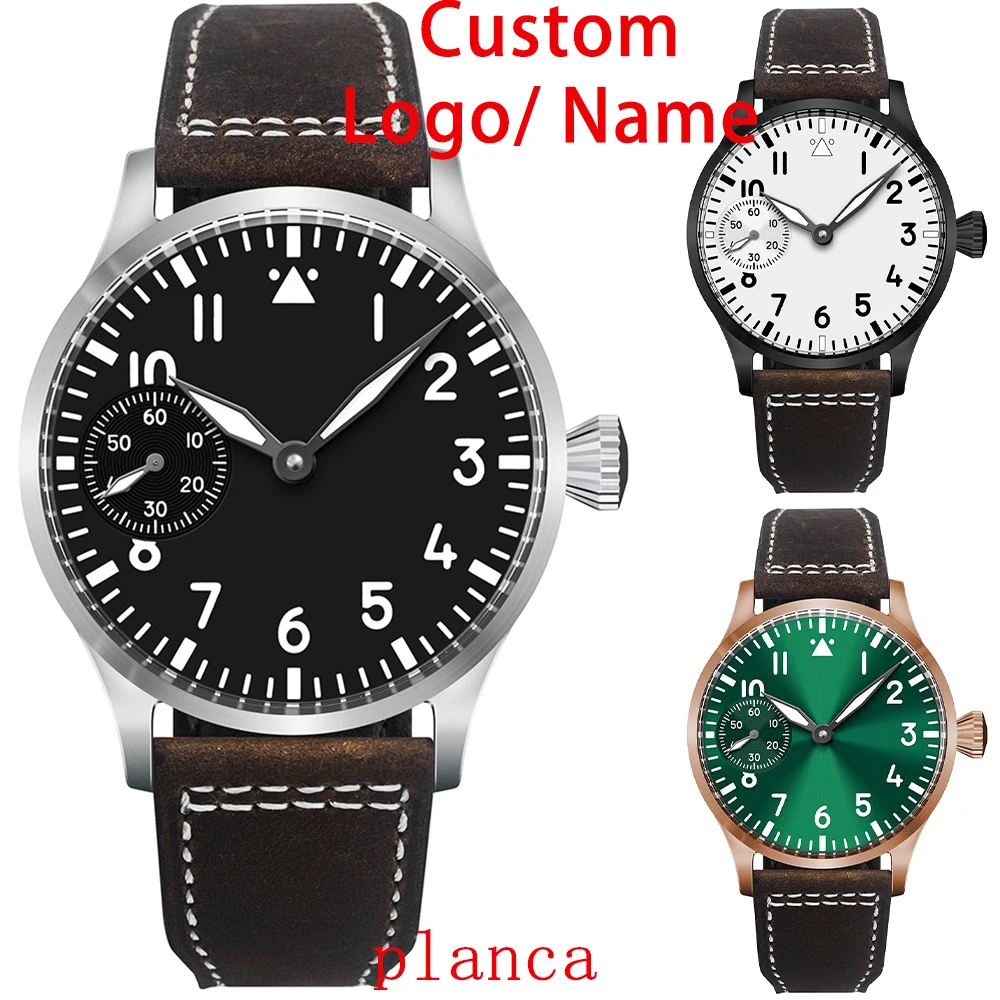 Logotipo personalizado 44mm relógio st3600 mão enrolamento vidro safira movt esporte pulseira de relógio de couro relógio casual