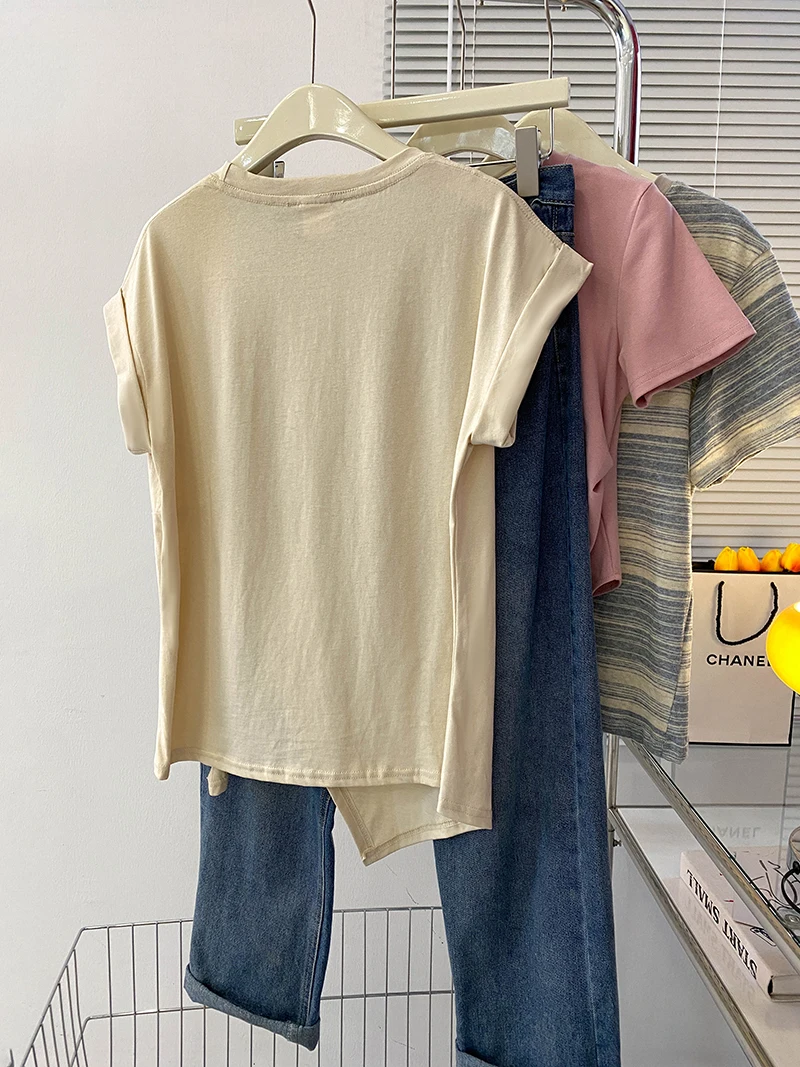 Cotton Short Sleeve T-shirt Women's Summer 2024 Irregular Hem Round Neck Top Plus Size High Street Women's Vintage Top
