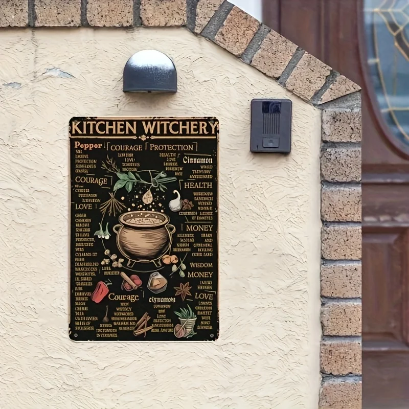 Vintage Kitchen Witchery Metal Tin Sign -  Retro Iron Wall Art with Herbal Magic,Spells Guide, Halloween Witch Decor for Home, G