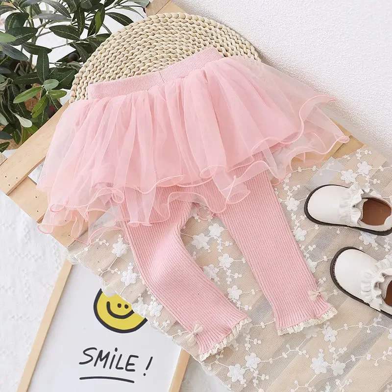 Baby Girls Spring Autumn Winter Mesh Tutu Skirts Pants Kids Leggings Children Fake 2pieces Trousers Birthday Princess Clothes