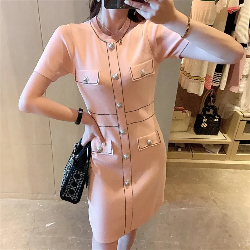 Korean Summer Thin Knitted Dress Slim Bodycon Short Sleeve Vestidos Women Ice-silk Casual Kleid Elegant Knitwear Dresses