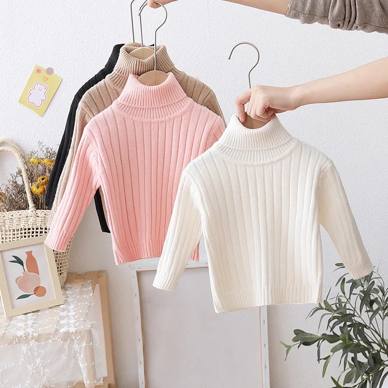 

New Turtleneck Children's Sweater Pure Color Girls Autumn Winter Knitwear Pullover Warm and Cozy Boys Knitted Base Shirt
