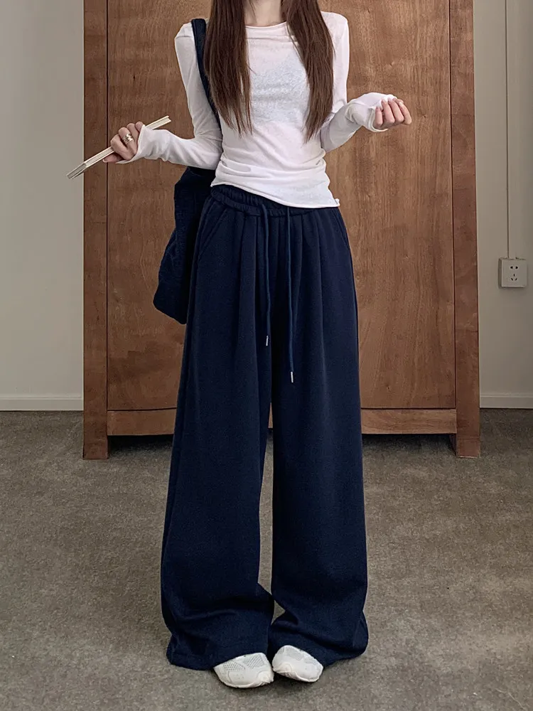 Autumn and winter drawstring elastic high waisted casual wide leg pants for women