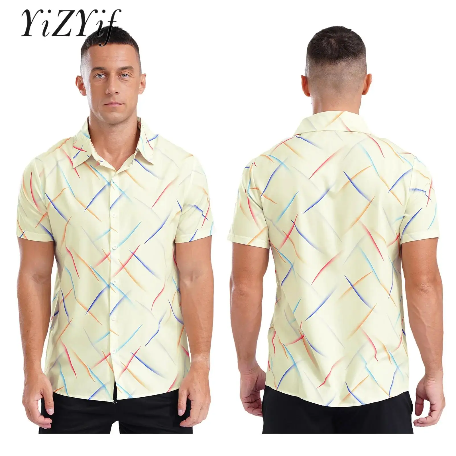 

Men Casual Daily Wear Summer Short Sleeve Loose Shirt Printed Button Down T-Shirt Tee Tops for Vacation Holiday Beach Business
