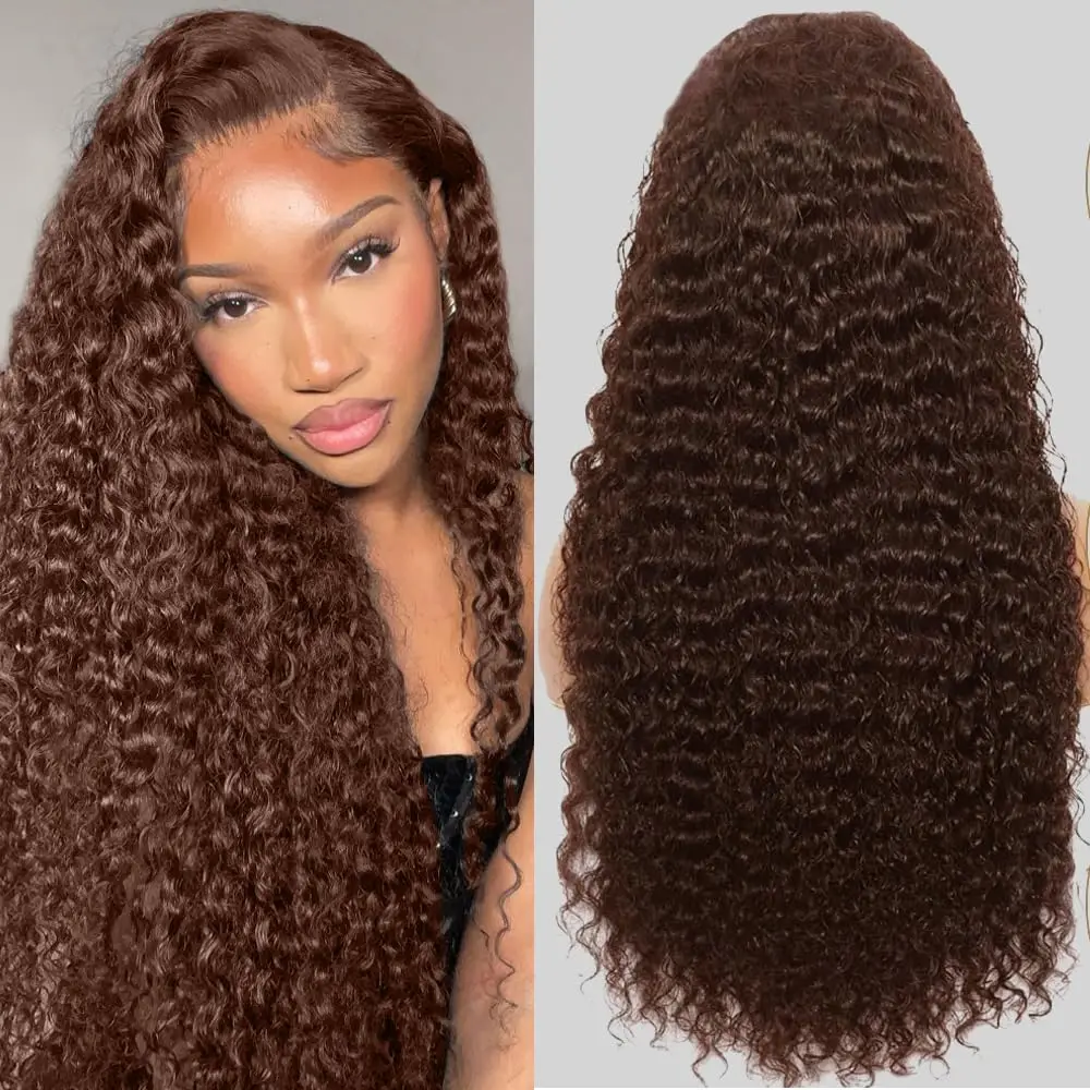 

Colored Wig #4 13x6 HD Lace Front Wig Chocolate Brown Deep Wave Human Hair Curly Wigs 40 30 Inch Reddish Brown Preplucked
