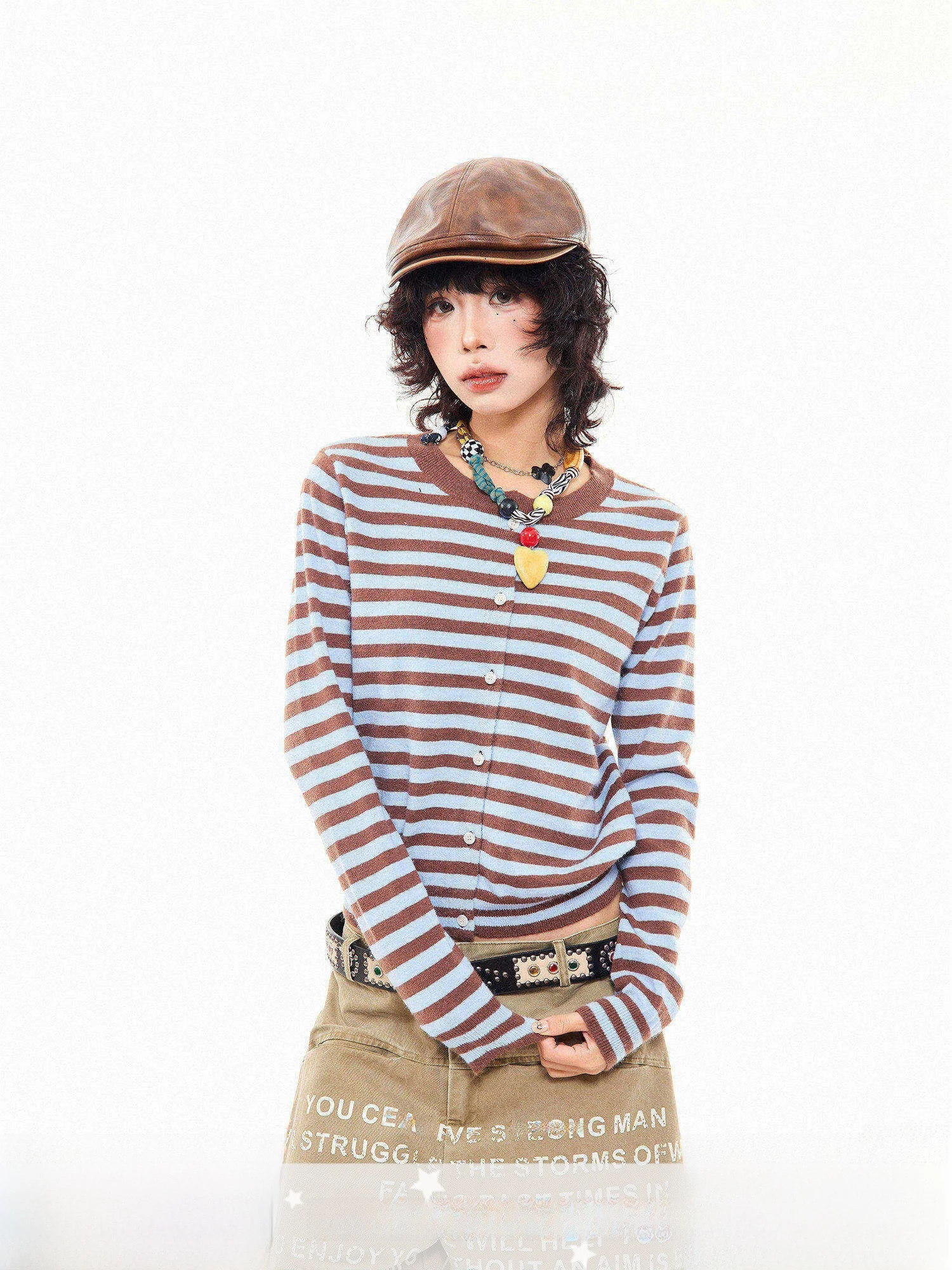 

Вязаный кардиган MIKYO в американском ретро-стиле с полосками, женский повседневный топ с круглым вырезом для осени, комфортный, стройнящий силуэт