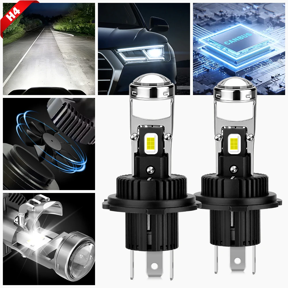 

2 шт. светодиодные линзованные лампы H4 для фар, ближний и дальний свет, противотуманные фары, мощные лампы 9003 Turbo для автомобилей и мотоциклов, 12В