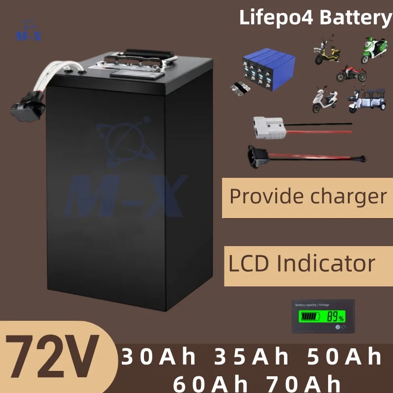 

72V Lifepo4 Battery 50Ah 60AH 35AH 30Ah 70Ah with BMS 24S 72V Lifepo4 batterie for Electric two 2 three 3 wheels golf cart