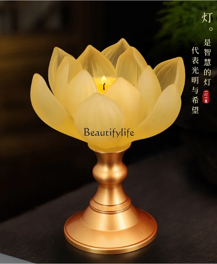 Glass Candlestick Pure Copper Buddha Lamp Buddha Worship Guanyin Bodhisattva Lotus Buddha Lamp
