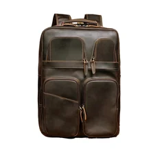 Vintage Retro Genuine Crazy Horse Leather Backpack Large Capacity Travel Rucksack with 14 Inch Laptop Compartment